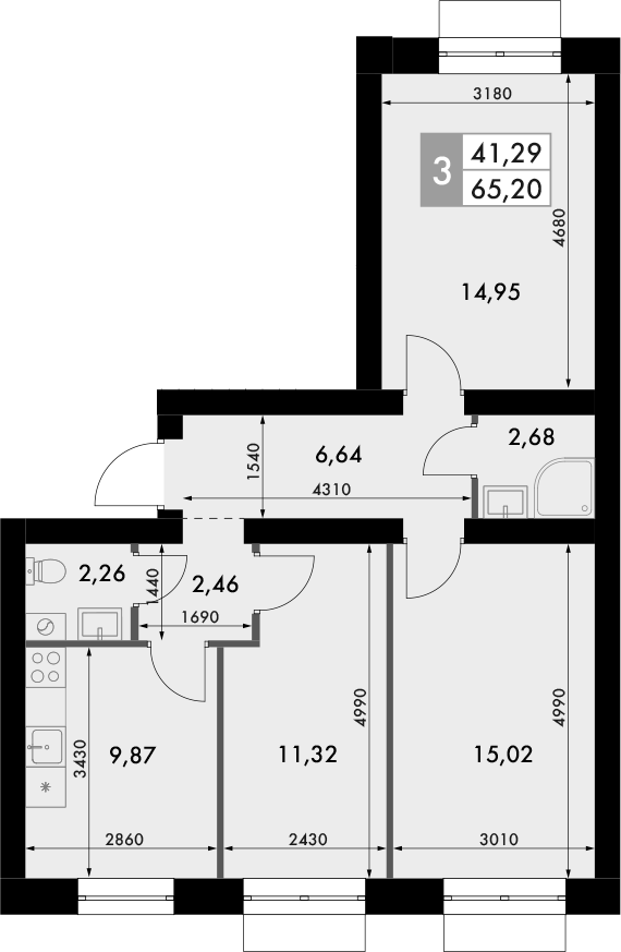 Планировка — Форест, 3-комн., 65 м²