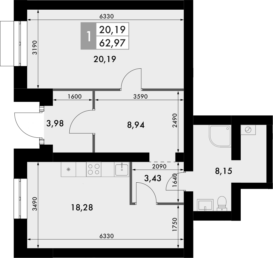Планировка — Форест, 1-комн., 63 м²