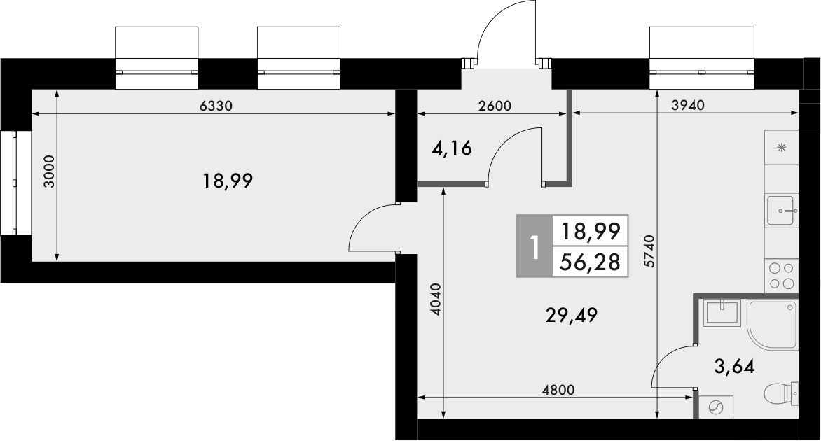 Планировка — Форест, 1-комн., 56 м²