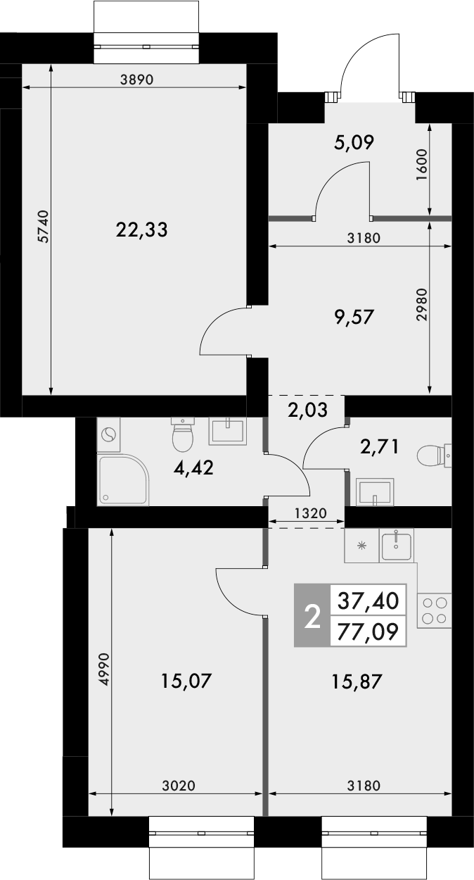 Планировка — Форест, 2-комн., 77 м²