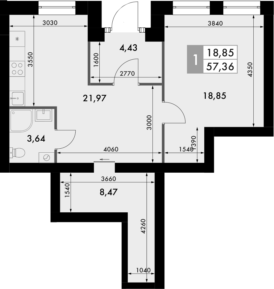 Планировка — Форест, 1-комн., 57 м²