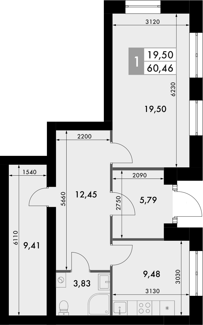 Планировка — Форест, 1-комн., 60 м²