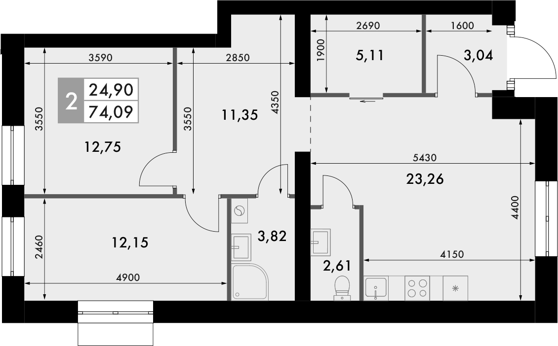 Планировка — Форест, 2-комн., 74 м²