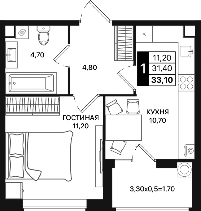 Планировка — Движение 61, 1-комн., 31 м²