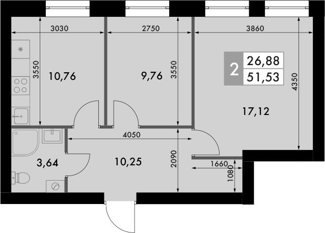 Планировка — Форест, 2-комн., 52 м²