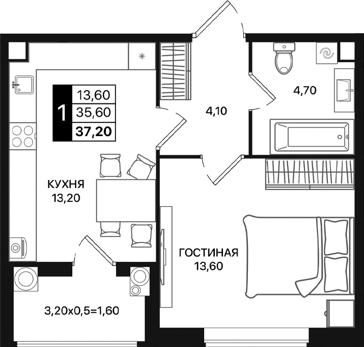 Планировка — Движение 61, 1-комн., 36 м²