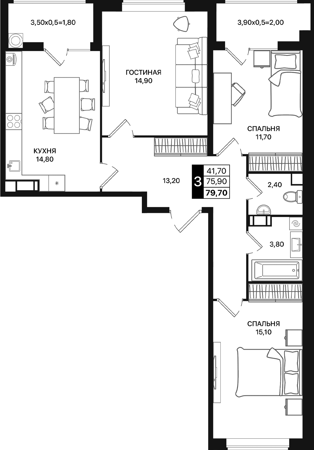 Планировка — Движение 61, 3-комн., 76 м²
