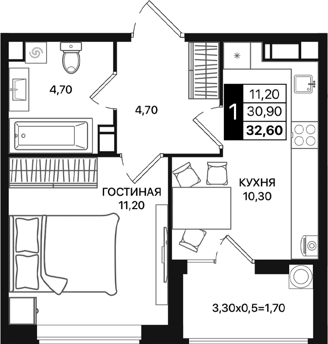Планировка — Движение 61, 1-комн., 31 м²