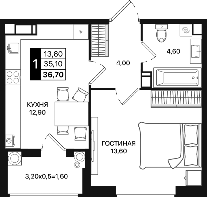 Планировка — Движение 61, 1-комн., 35 м²