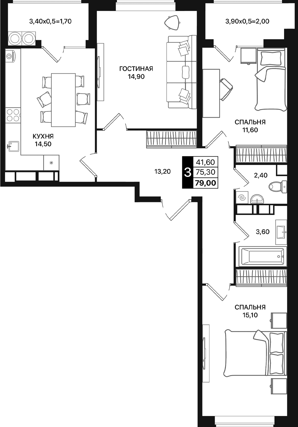 Планировка — Движение 61, 3-комн., 75 м²