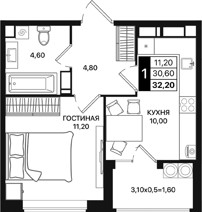 Планировка — Движение 61, 1-комн., 31 м²