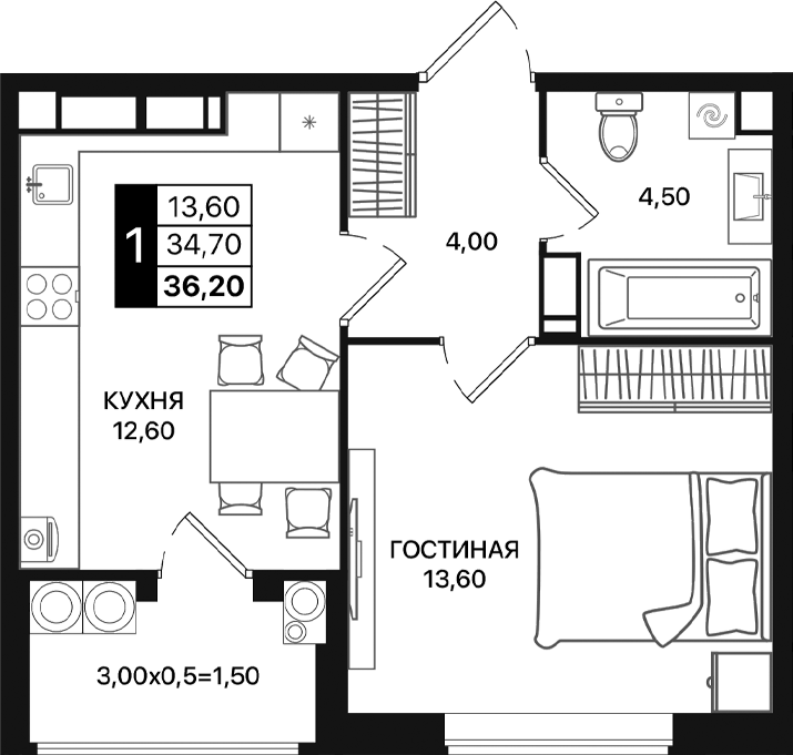 Планировка — Движение 61, 1-комн., 35 м²