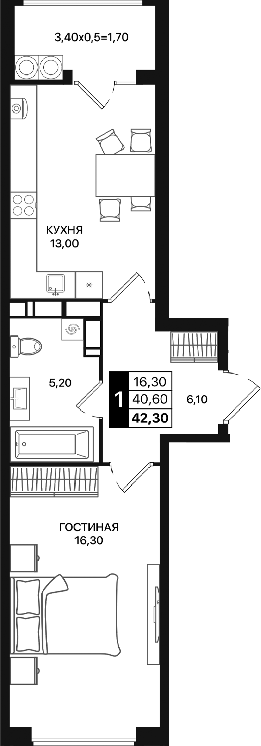 Планировка — Движение 61, 1-комн., 41 м²