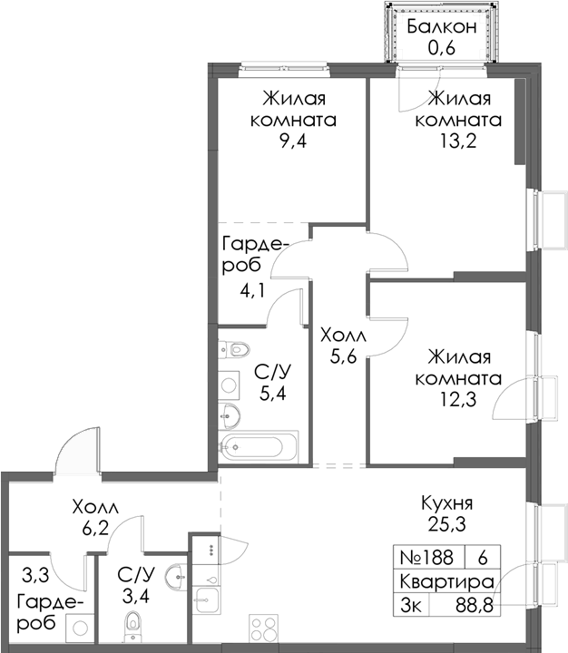 Планировка — Нокса парк, 3-комн., 88 м²