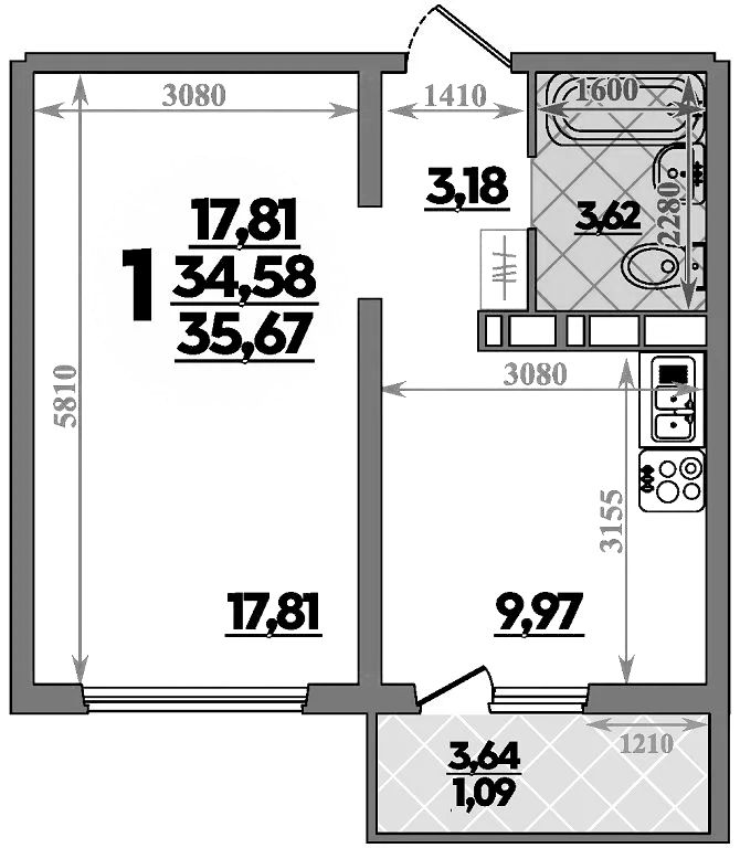 Планировка — Платовский, 1-комн., 35 м²