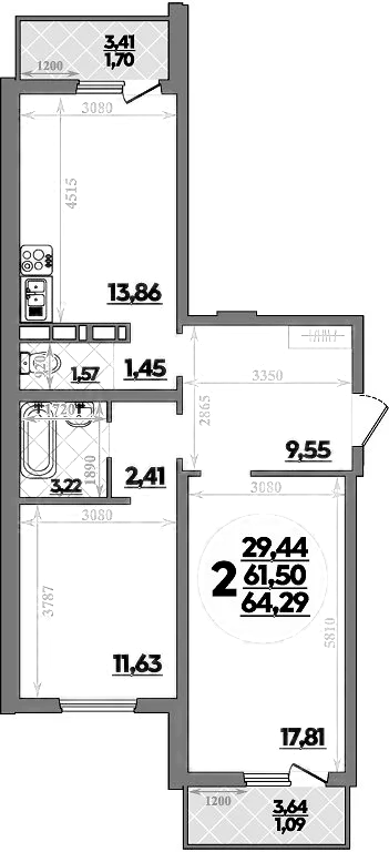 Планировка — Платовский, 2-комн., 62 м²