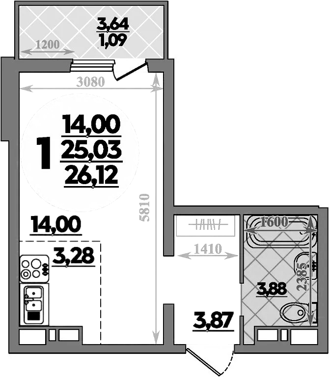 Планировка — Платовский, Студия, 25 м²