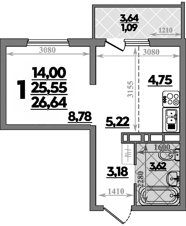 Планировка — Платовский, 1-комн., 26 м²