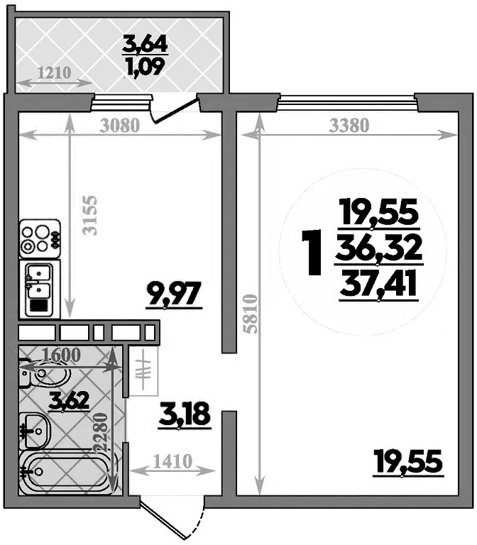 Планировка — Платовский, 1-комн., 36 м²