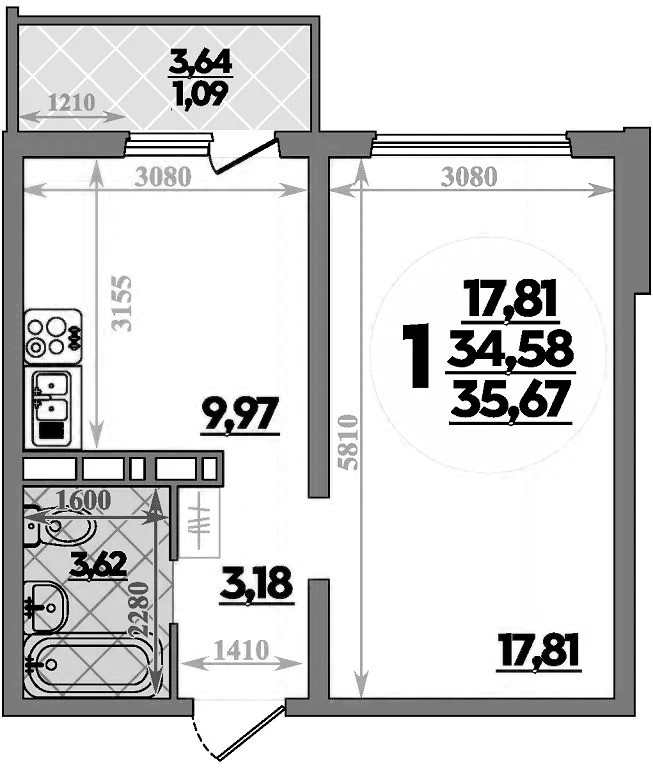 Планировка — Платовский, 1-комн., 35 м²