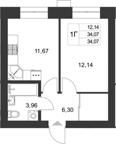 Планировка — Царево City, 1-комн., 34 м²