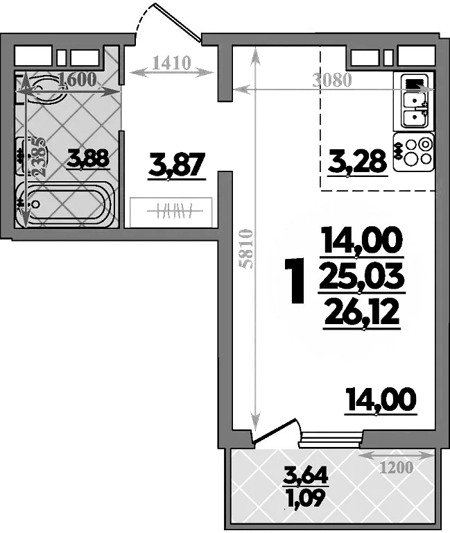 Планировка — Платовский, Студия, 25 м²