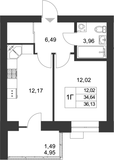 Планировка — Царево City, 1-комн., 35 м²