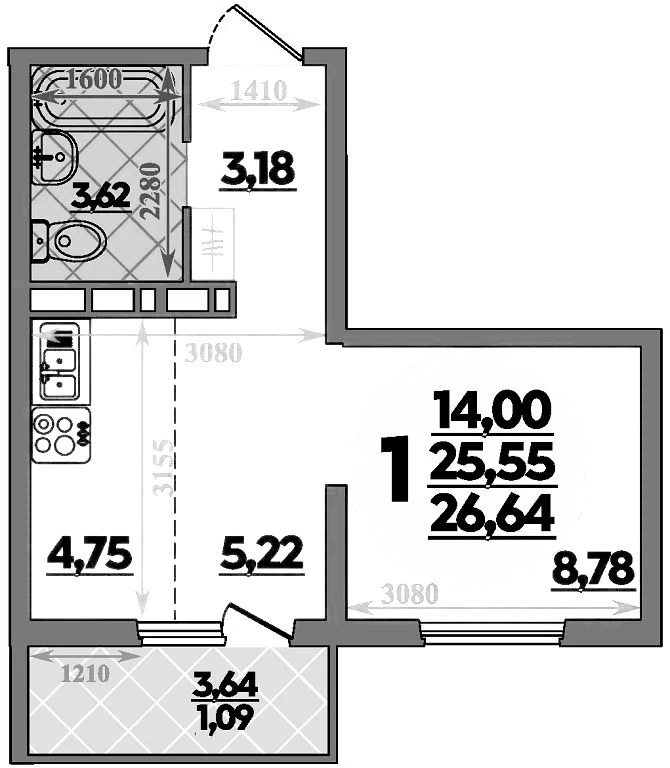Планировка — Платовский, 1-комн., 26 м²