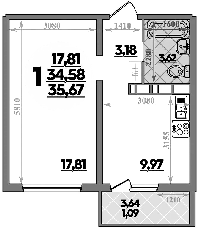 Планировка — Платовский, 1-комн., 35 м²