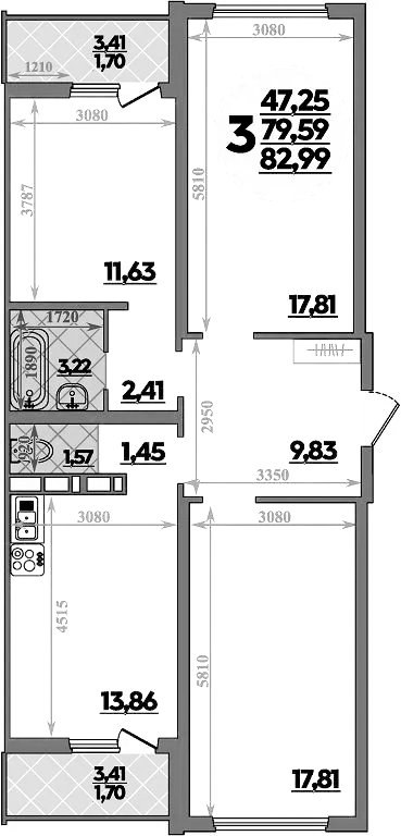 Планировка — Платовский, 3-комн., 80 м²