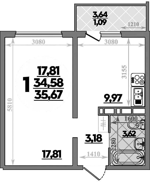 Планировка — Платовский, 1-комн., 35 м²
