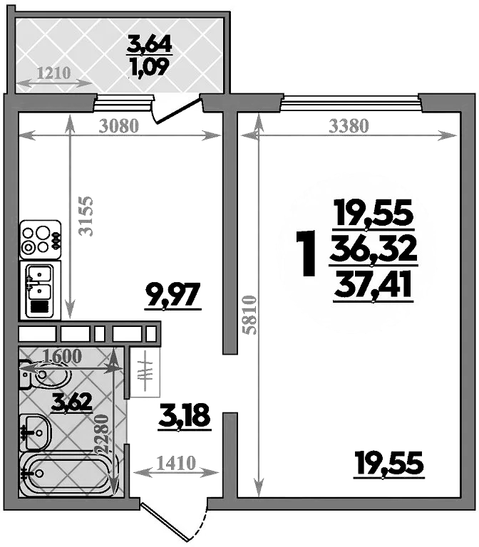 Планировка — Платовский, 1-комн., 36 м²