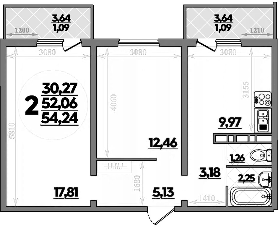 Планировка — Платовский, 2-комн., 52 м²