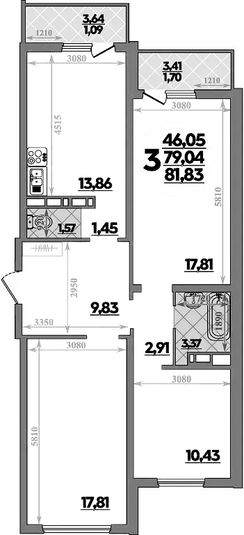Планировка — Платовский, 3-комн., 79 м²