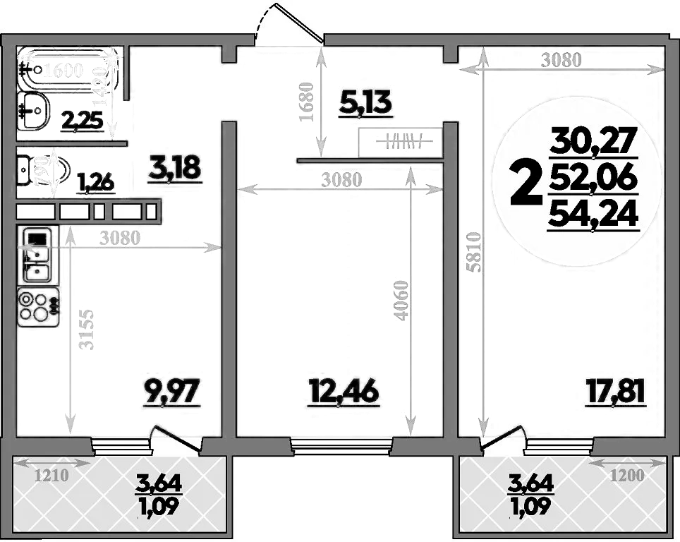 Планировка — Платовский, 2-комн., 52 м²