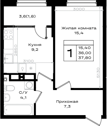 Планировка — Придонье, 1-комн., 36 м²