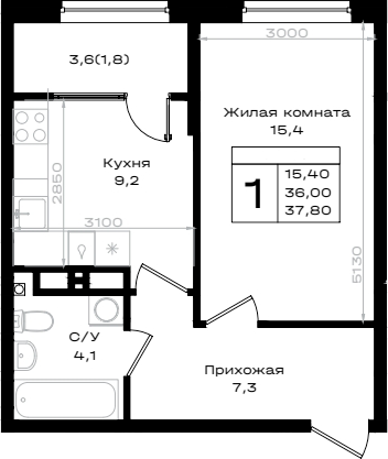 Планировка — Придонье, 1-комн., 36 м²