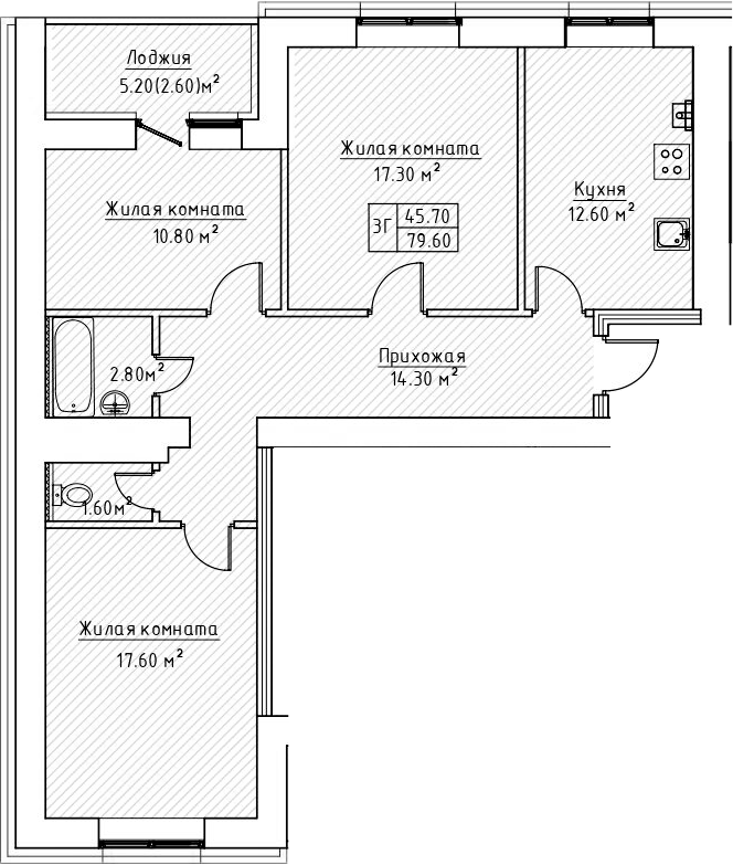 Планировка — Зеленая долина, 3-комн., 78 м²