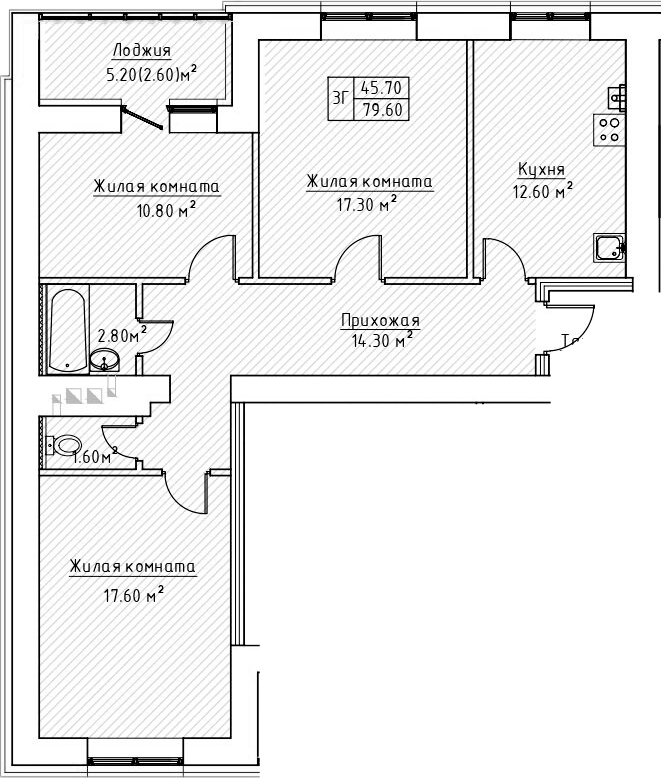 Планировка — Зеленая долина, 3-комн., 78 м²