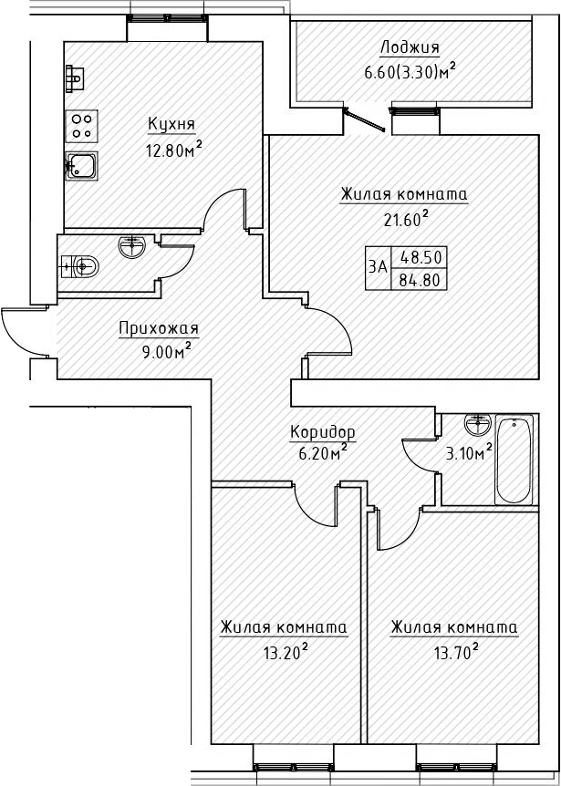 Планировка — Зеленая долина, 3-комн., 82 м²
