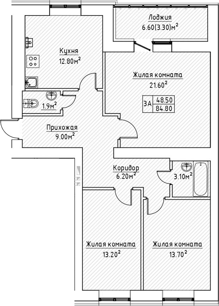 Планировка — Зеленая долина, 3-комн., 82 м²