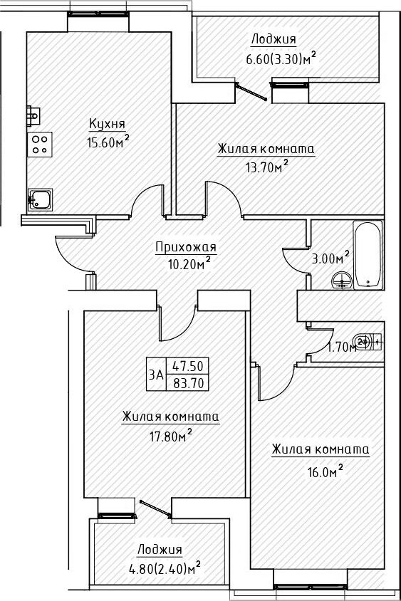 Планировка — Зеленая долина, 3-комн., 78 м²