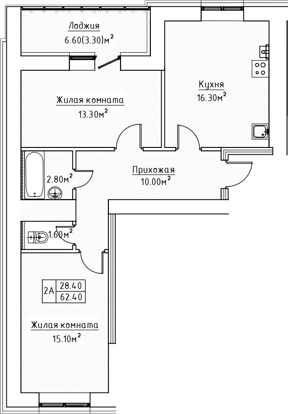 Планировка — Зеленая долина, 2-комн., 59 м²