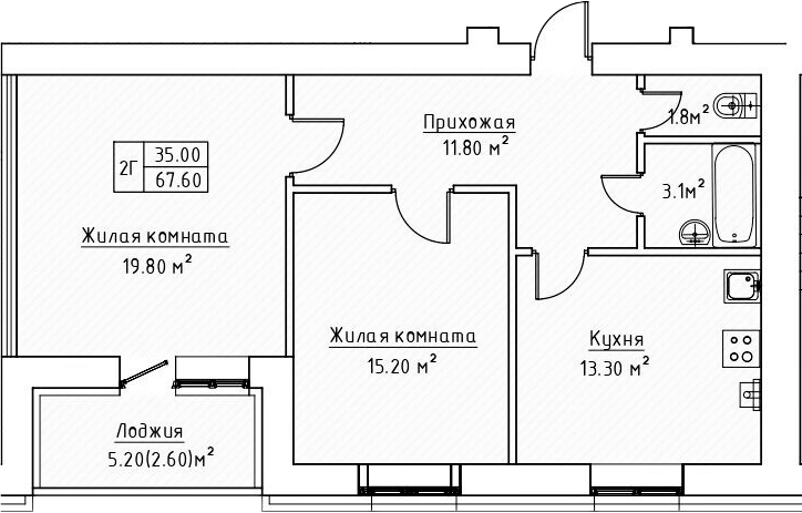 Планировка — Зеленая долина, 2-комн., 65 м²