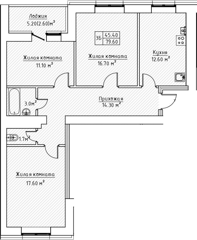 Планировка — Зеленая долина, 3-комн., 77 м²