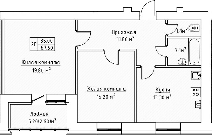 Планировка — Зеленая долина, 2-комн., 65 м²