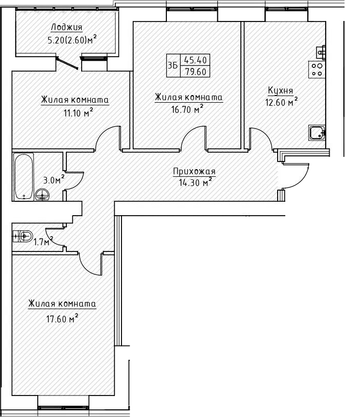 Планировка — Зеленая долина, 3-комн., 77 м²