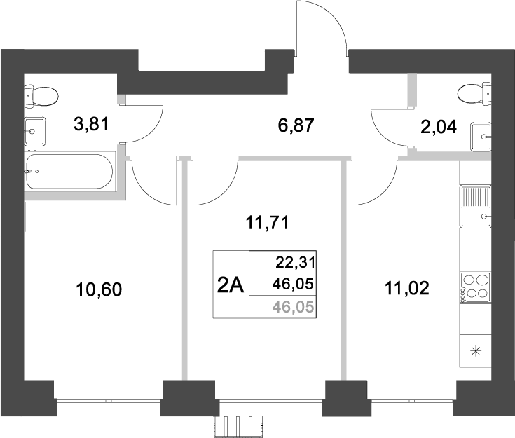 Планировка — Аквамарин, 2-комн., 46 м²