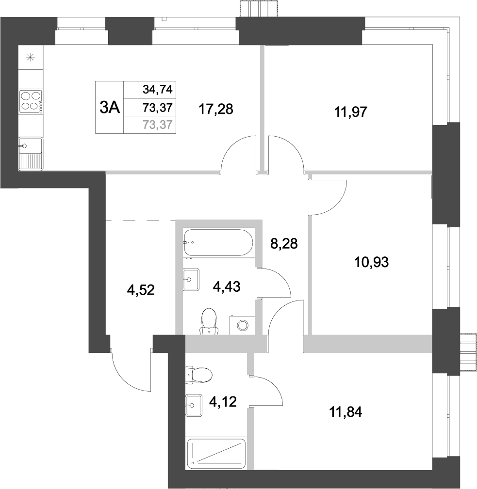 Планировка — Аквамарин, 3-комн., 73 м²