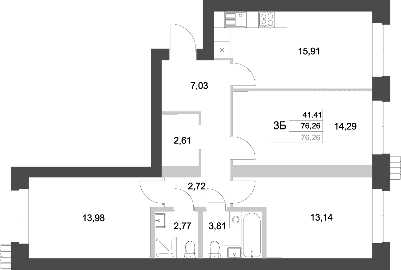 Планировка — Аквамарин, 3-комн., 76 м²